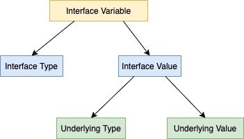 an interface variable is represented by a type and value